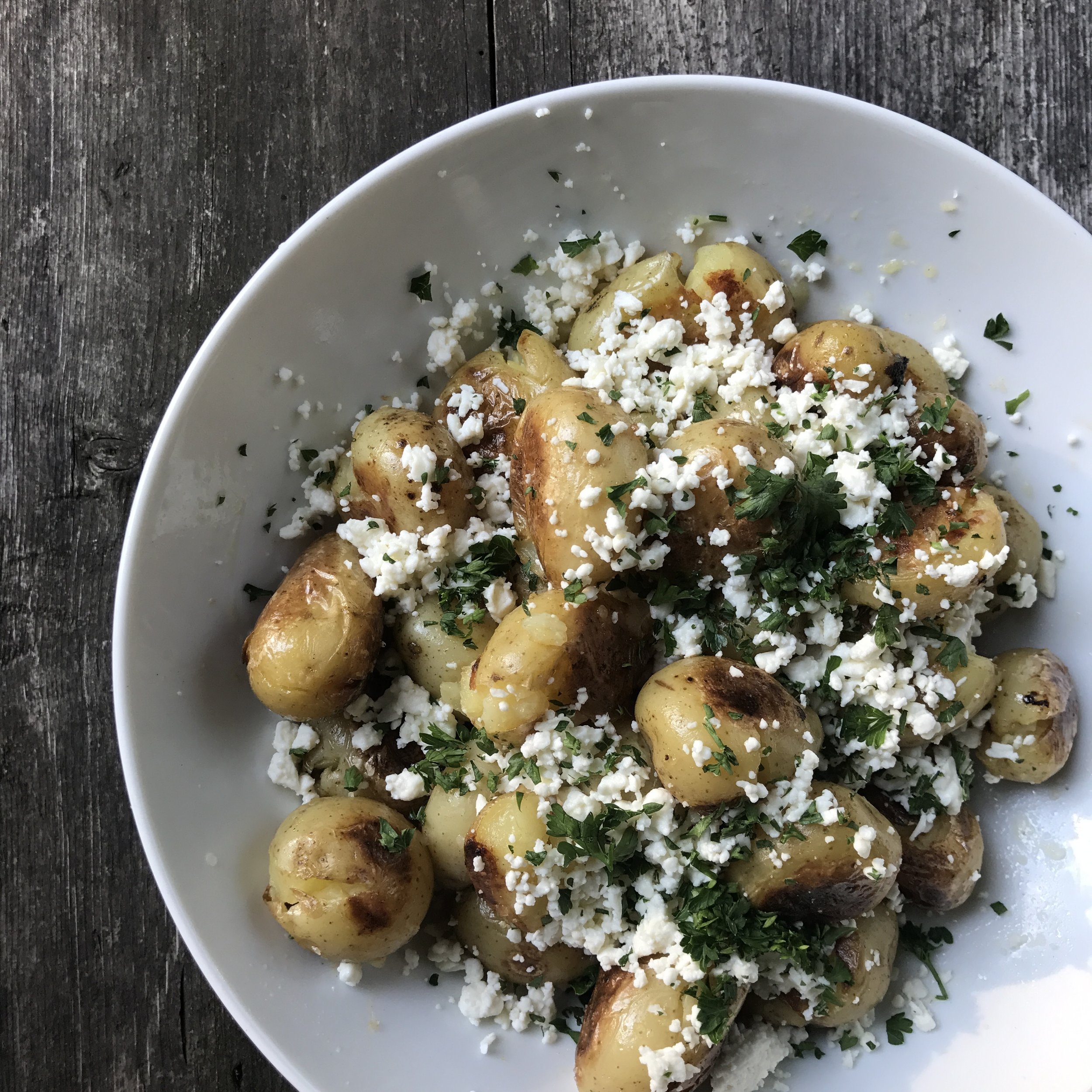 Smashed Potatoes with Feta, Lemon and Garlic