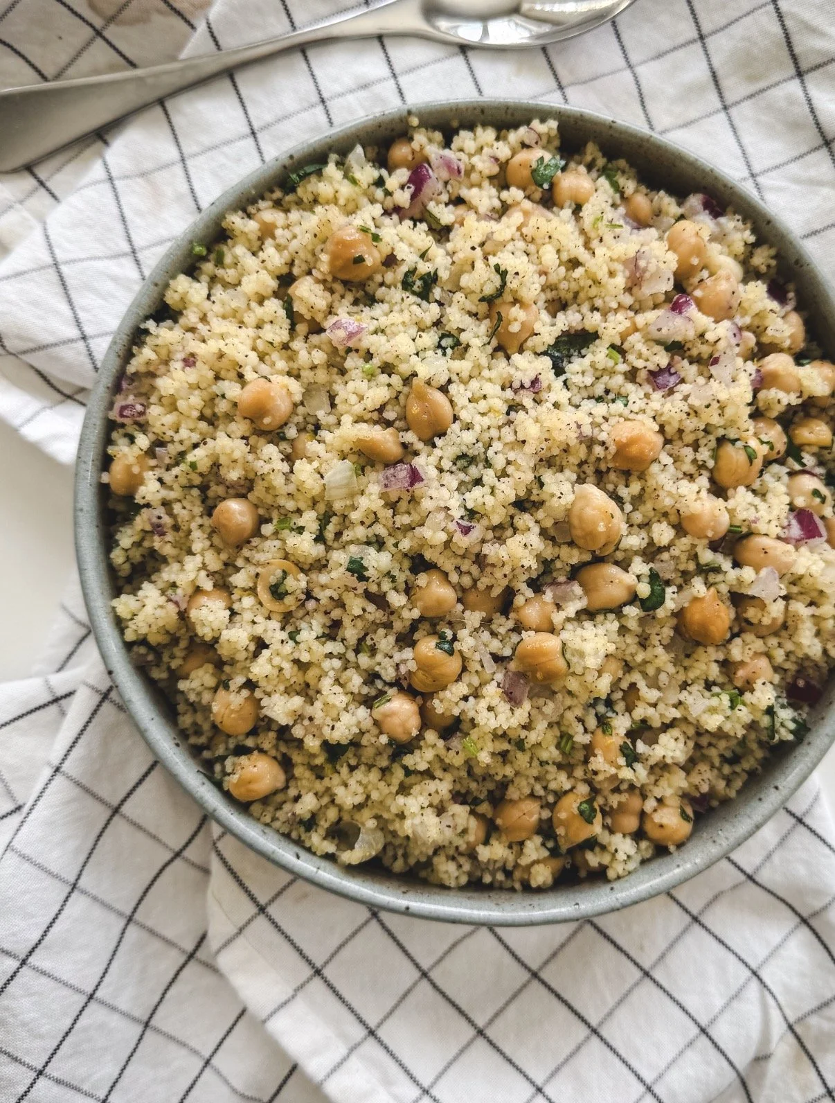 Couscous, chickpea, red onion and cilantro salad