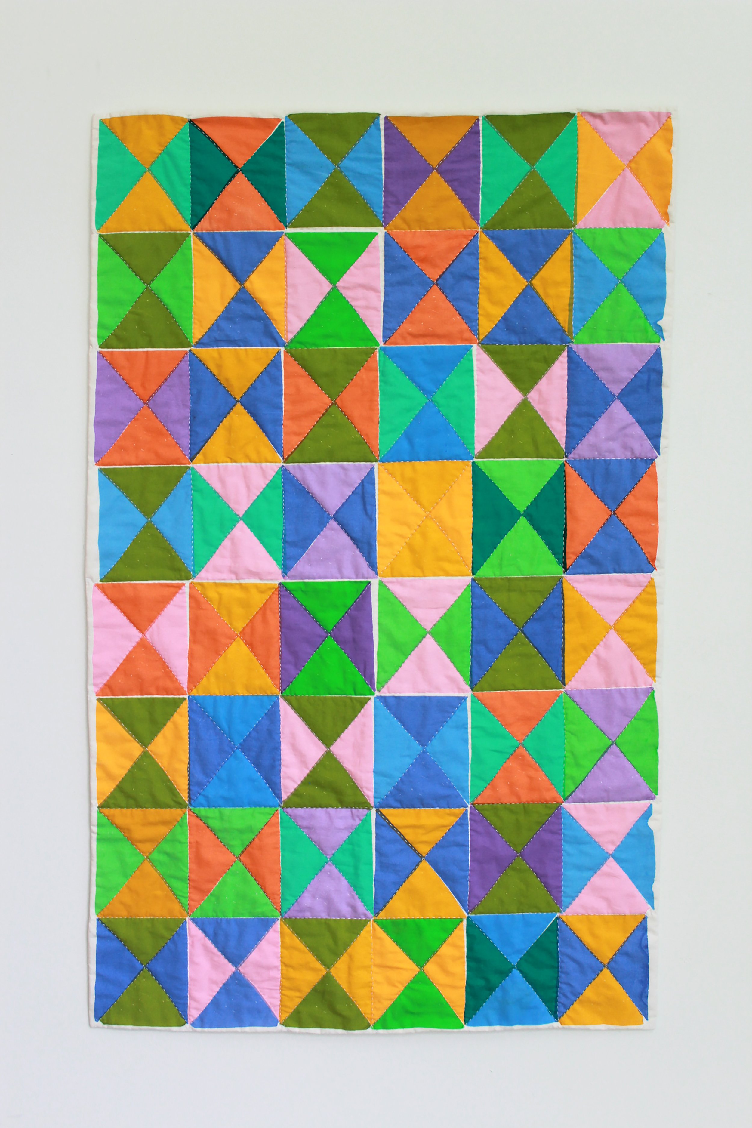   “Diagonal Grid”, 42” x 27”, screen-print, cotton fabric, cotton batting, sashiko thread, 2021-2022 