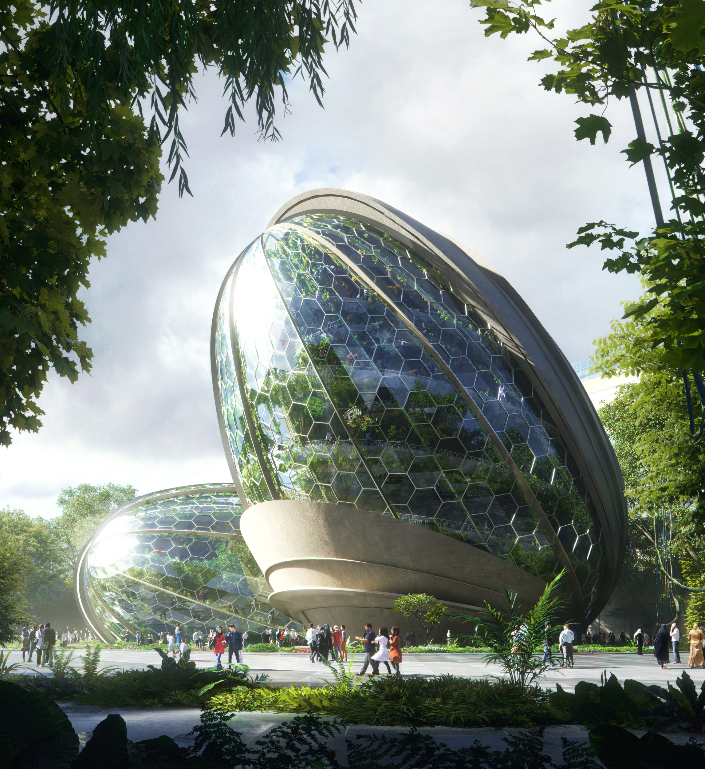 Visually unique, the dome’s structural frame represents a growing tree and the natural cycle of life. Verdant and green, the frame shapes the interior forest, with roots growing deep into the earth at lower levels and large leafy tree branches animating and shaping the upper levels. Digital 3D mapping of animals animate surfaces of trees and vegetation throughout. 