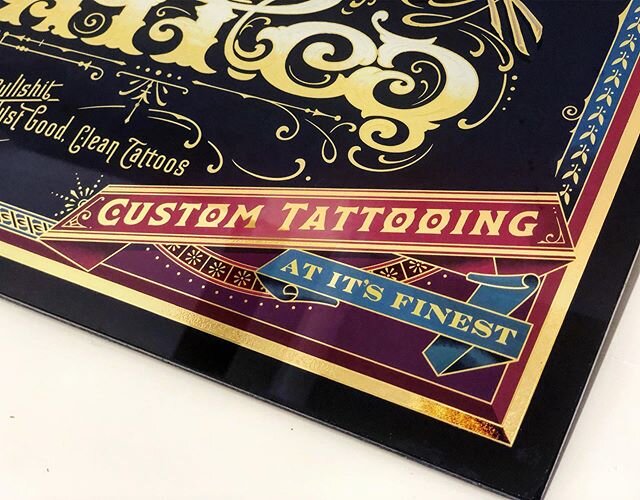 Sharing some detail shots and a video of this piece I posted yesterday. Detail in every corner. #typography #type #lettering #tattoo #custom #signpainting #handlettering #reverseglass #glassgilding #societyofgilders #gilding #24k #handmade #handcraft