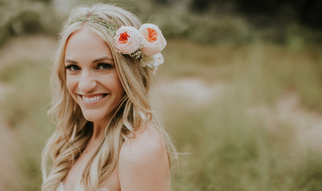 Wedding Photography Outdoors with Blonde Bride wearing Headband Flowers. Bridal Hairstyles and Makeup by Vanity Belle in Orange County (Costa Mesa) and San Diego (La Jolla) 