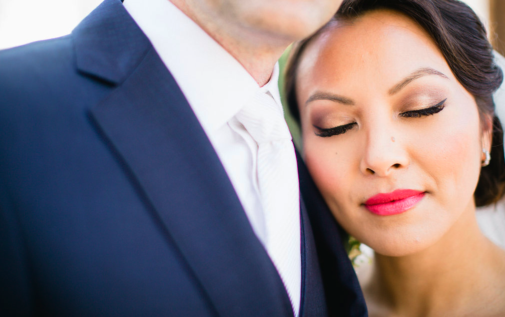 Asian Bridal Makeup with Simple Eyeliner and Red Lipstick featuring an updo with veil. Wedding Hair and Makeup by Vanity Belle in Orange County (Costa Mesa) and San Diego (La Jolla)