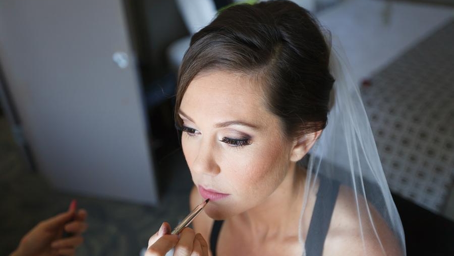 Wedding Hairstyle with Updo and Veil with Simple Makeup with Eyelash Extensions and Pink Lipstick. Bridal Beauty by Vanity Belle in Orange County (Costa Mesa) and San Diego (La Jolla)