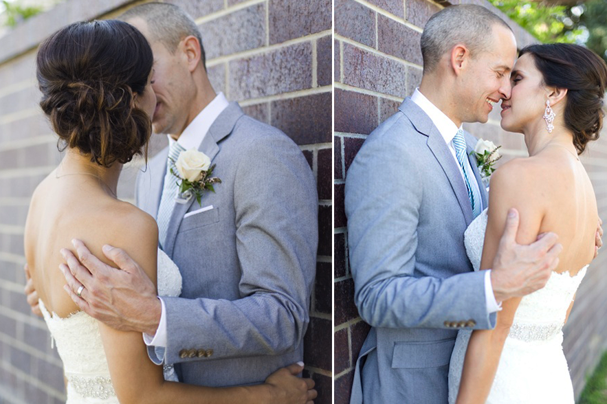 Brunette Bride with Updo Hairstyle Kissing Husband in Wedding Photos outside. Bridal Hair and Makeup by Vanity Belle in Orange County (Costa Mesa) and San Diego (La Jolla)