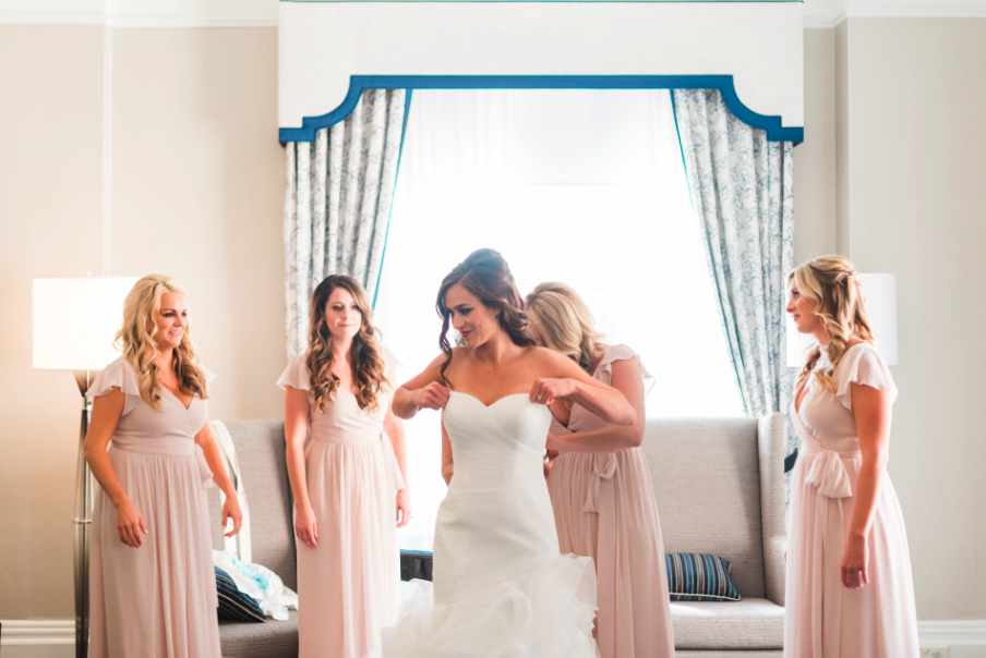 Before Wedding Photos with Bride and Bridesmaids Inside. Bridal hair and makeup by Vanity Belle in Orange County (Costa Mesa) and San Diego (La Jolla) 