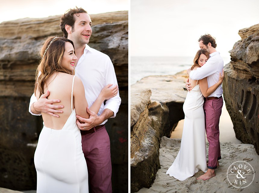 Wedding Photography at Beach with Brunette Bride wearing Headband holding Bouquet Hugging husband. Bridal Hair and Makeup by Vanity Belle in Orange County (Costa Mesa) and San Diego (La Jolla)