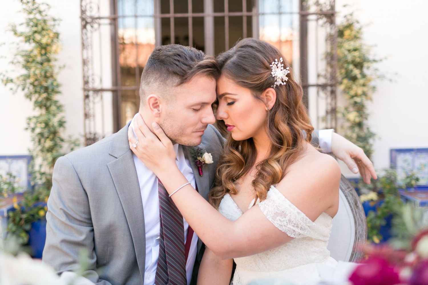 Wedding Photos with Brunette Bride. Long Hairstyle with hair accessory and Natural Makeup. Bridal Beauty by Vanity Belle in Orange County (Costa Mesa) and San Diego (La Jolla)