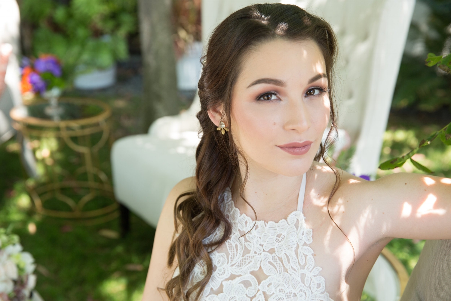 Wedding photos with brunette bride and brown eye makeup. Bridal hairstyle and beauty by Vanity Belle in Orange County (Costa Mesa) and San Diego (La Jolla)