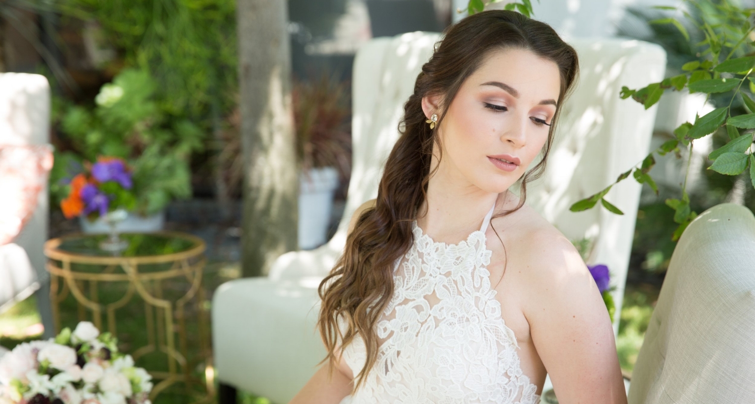 Wedding photography with brunette bride and brown eye makeup. Long bridal hairstyle and natural beauty by Vanity Belle in Orange County (Costa Mesa) and San Diego (La Jolla)