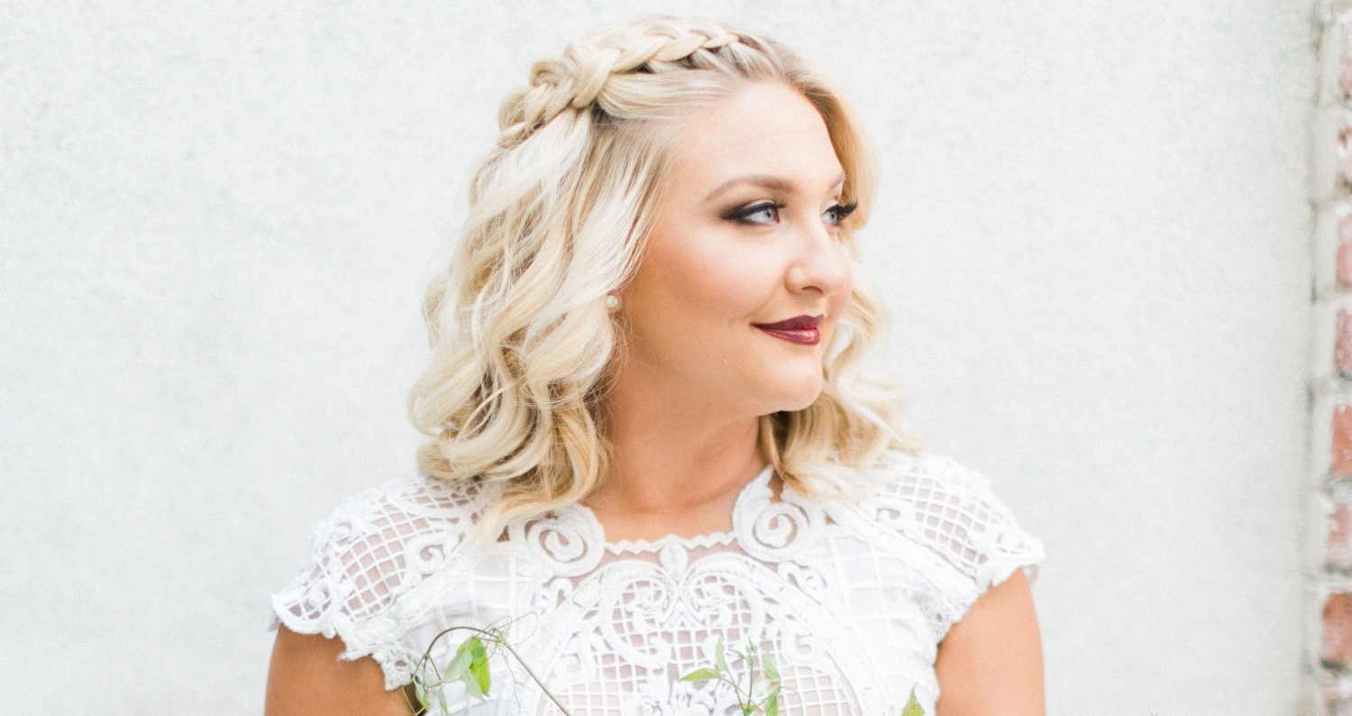 Blonde Bridal Wedding Photos with Braided Curled Hair Down and Red Lipstick. Wedding Hairstyles and Makeup by Vanity Belle in Orange County (Costa Mesa) and San Diego (La Jolla) 