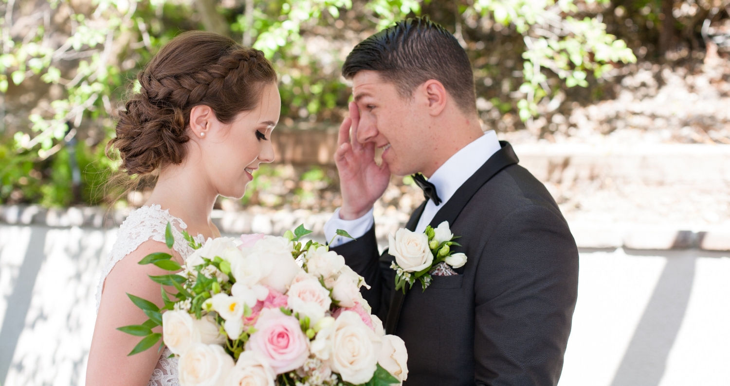 Wedding Day Photos of Young Brunette Bride with Natural Makeup, braided updo and bouquet. Bridal Hair and Beauty by Vanity Belle in Orange County (Costa Mesa) and San Diego (La Jolla)