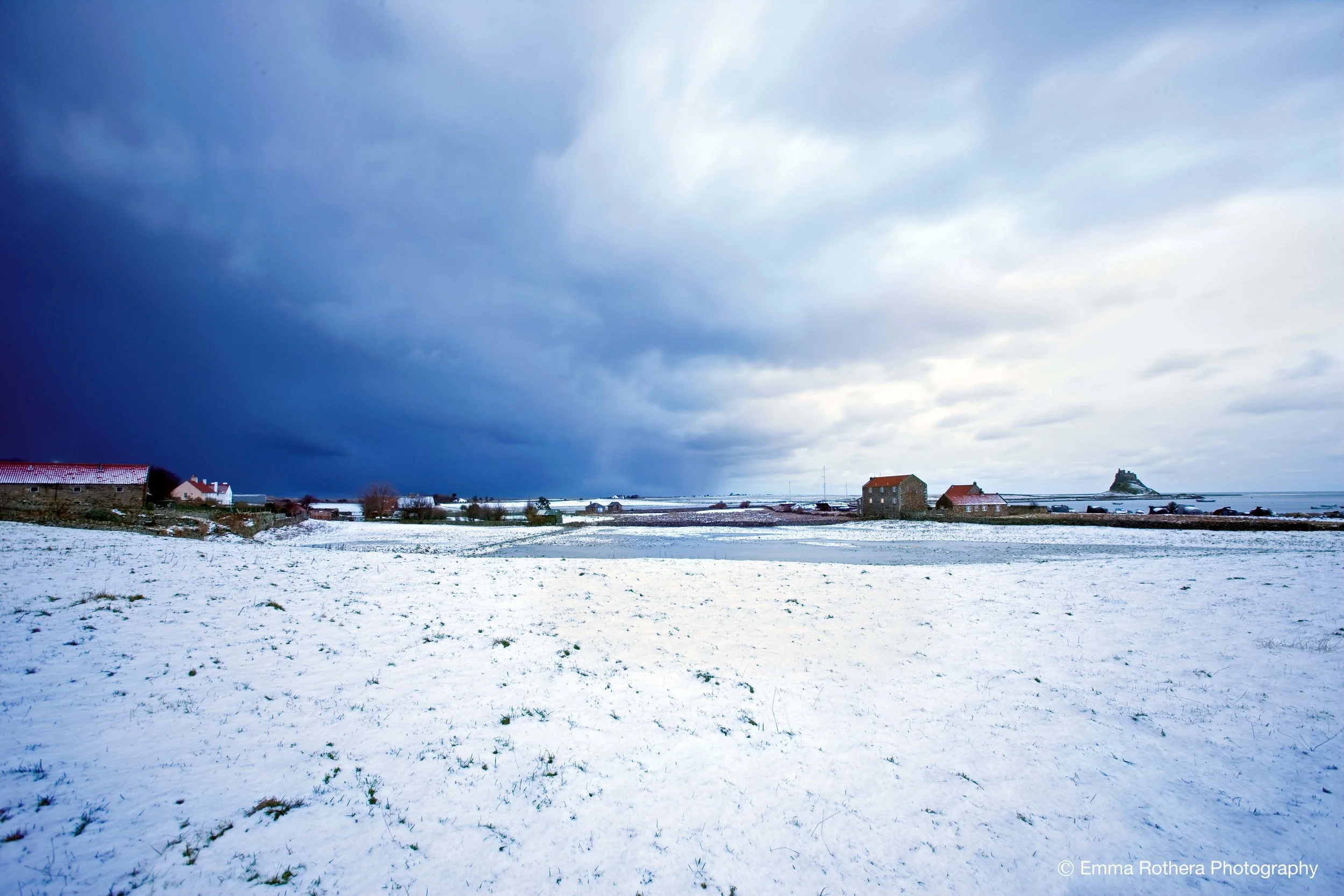 Lindisfarne Castle View over Sanctuary Close Snow, New Years Day, Holy Island, Northumberland