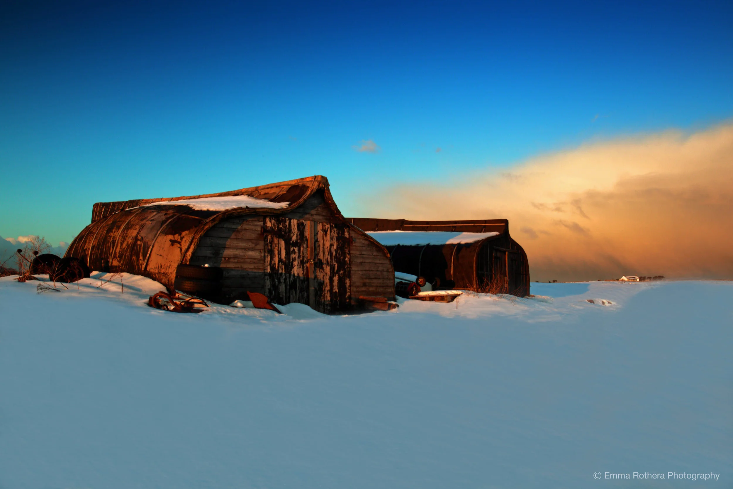 Upturned Boats Golden Hour Snow, Holy Island, Northumberland
