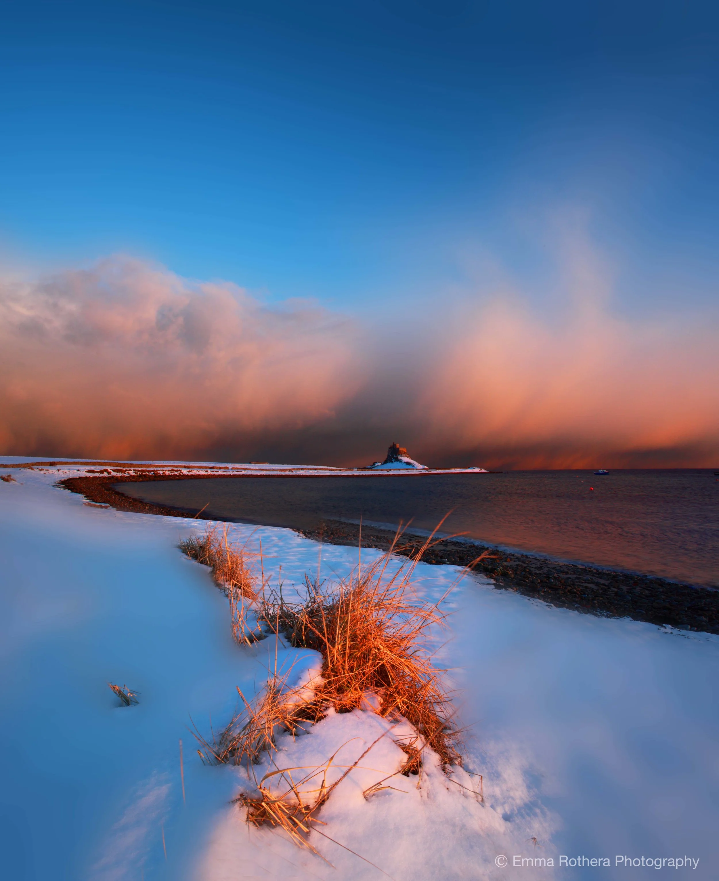 Christmas Eve Golden Hour Light, Lindisfarne Castle Snow, Holy Island, Northumberland
