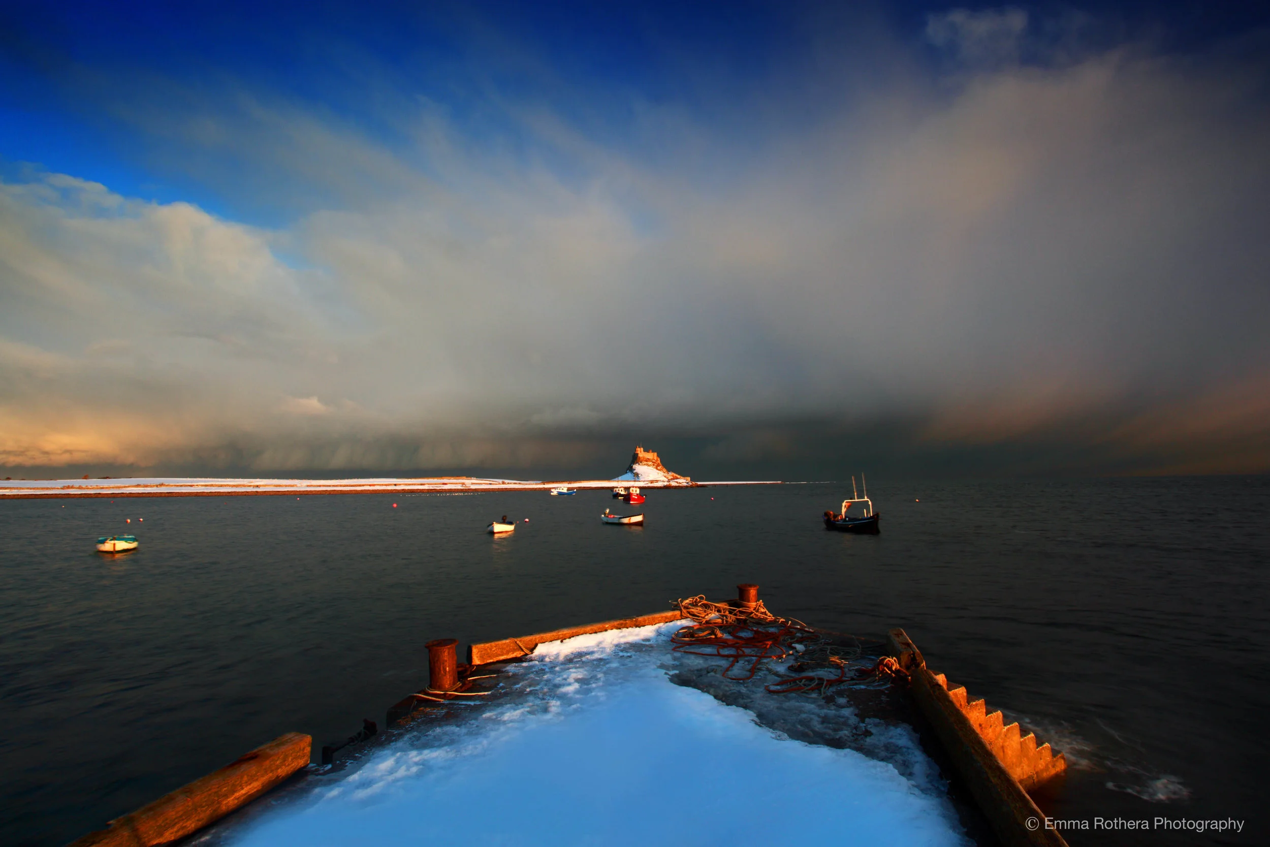 Lindisfarne Castle over Water, Snow Light, Holy Island, Northumberland