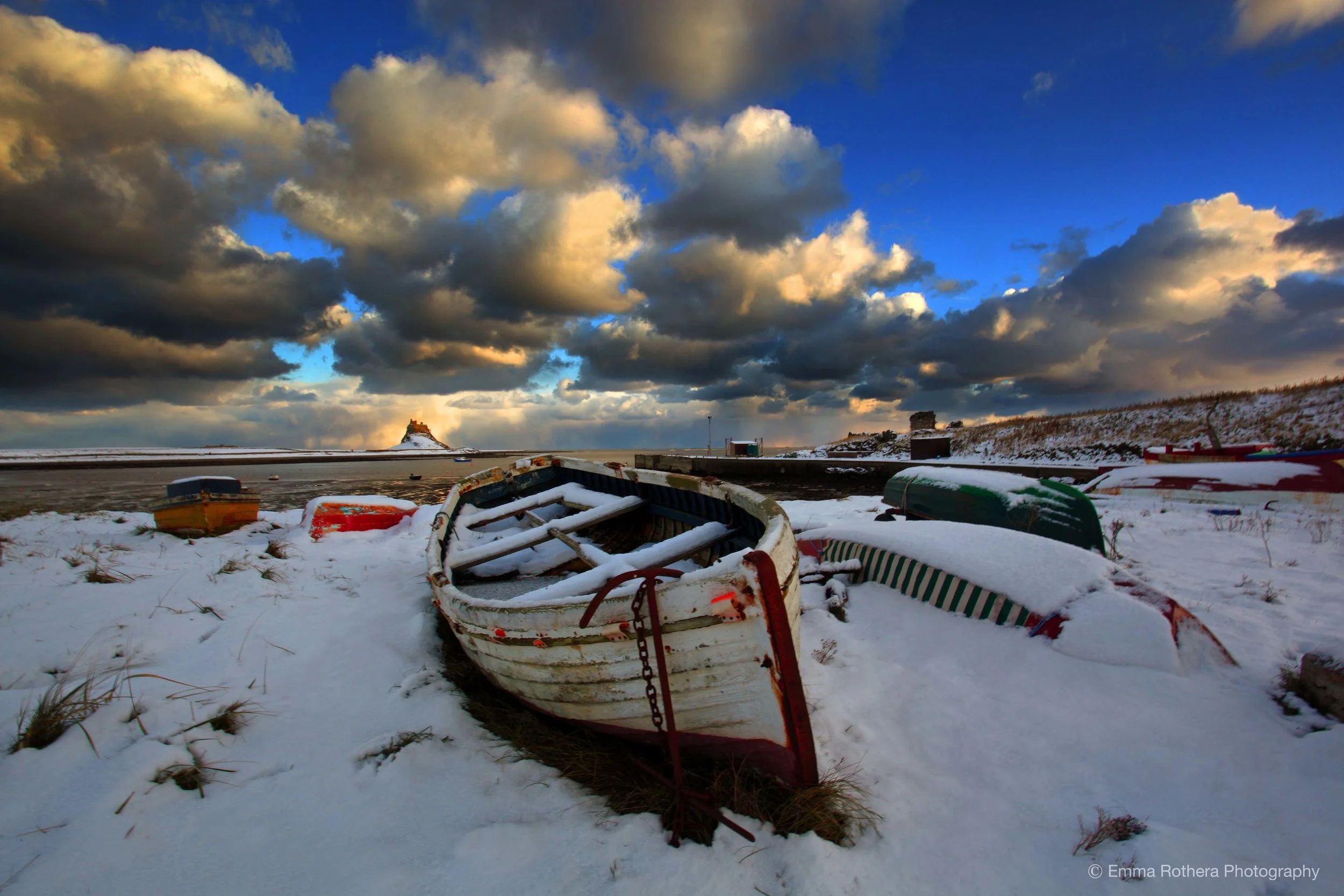 Lindisfarne Harbour Moody Snow Light, Holy Island, Northumberland