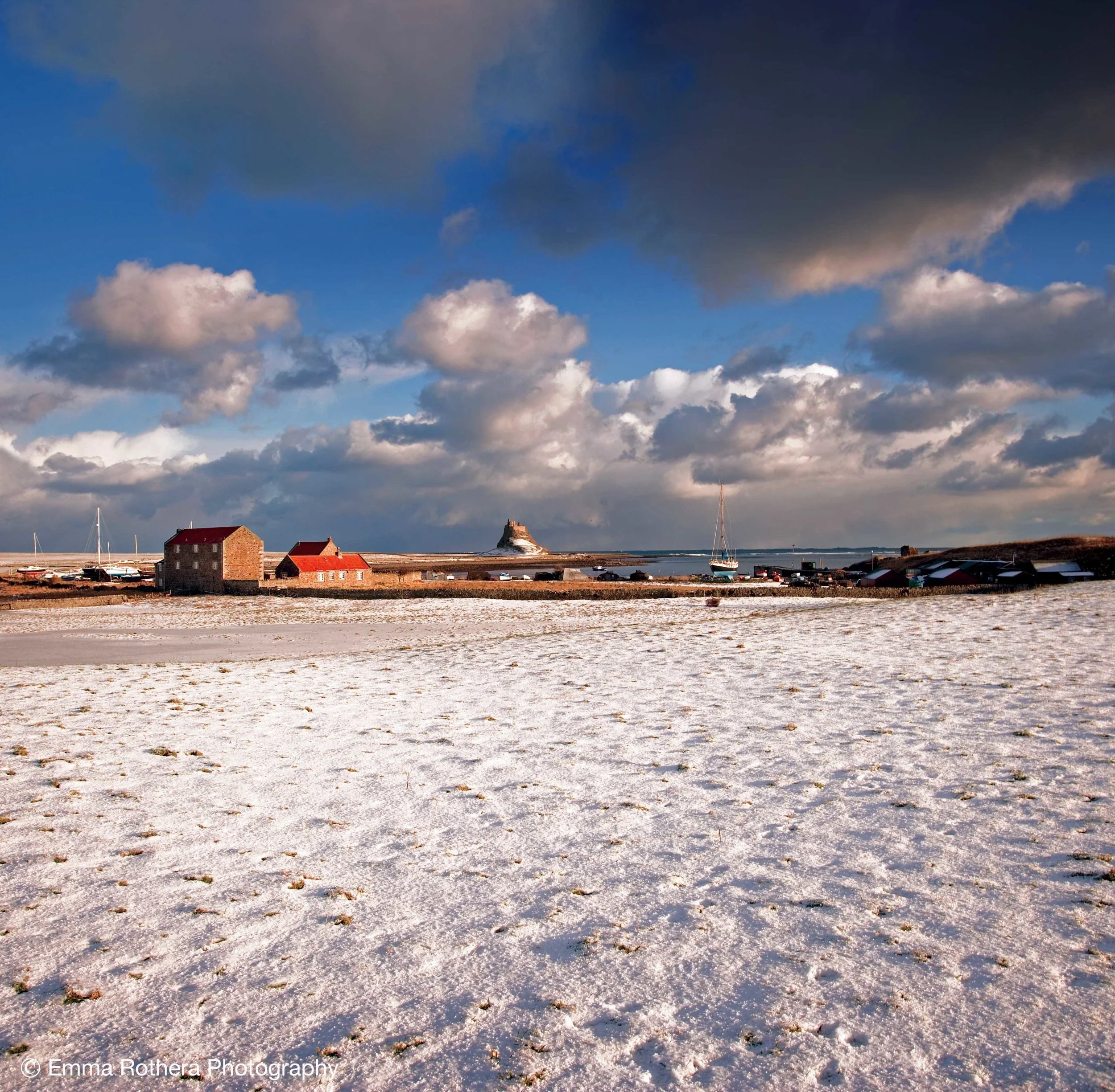 Sanctuary Close Snow, Lindisfarne Castle & Harbour View, Holy Island, Northumberland