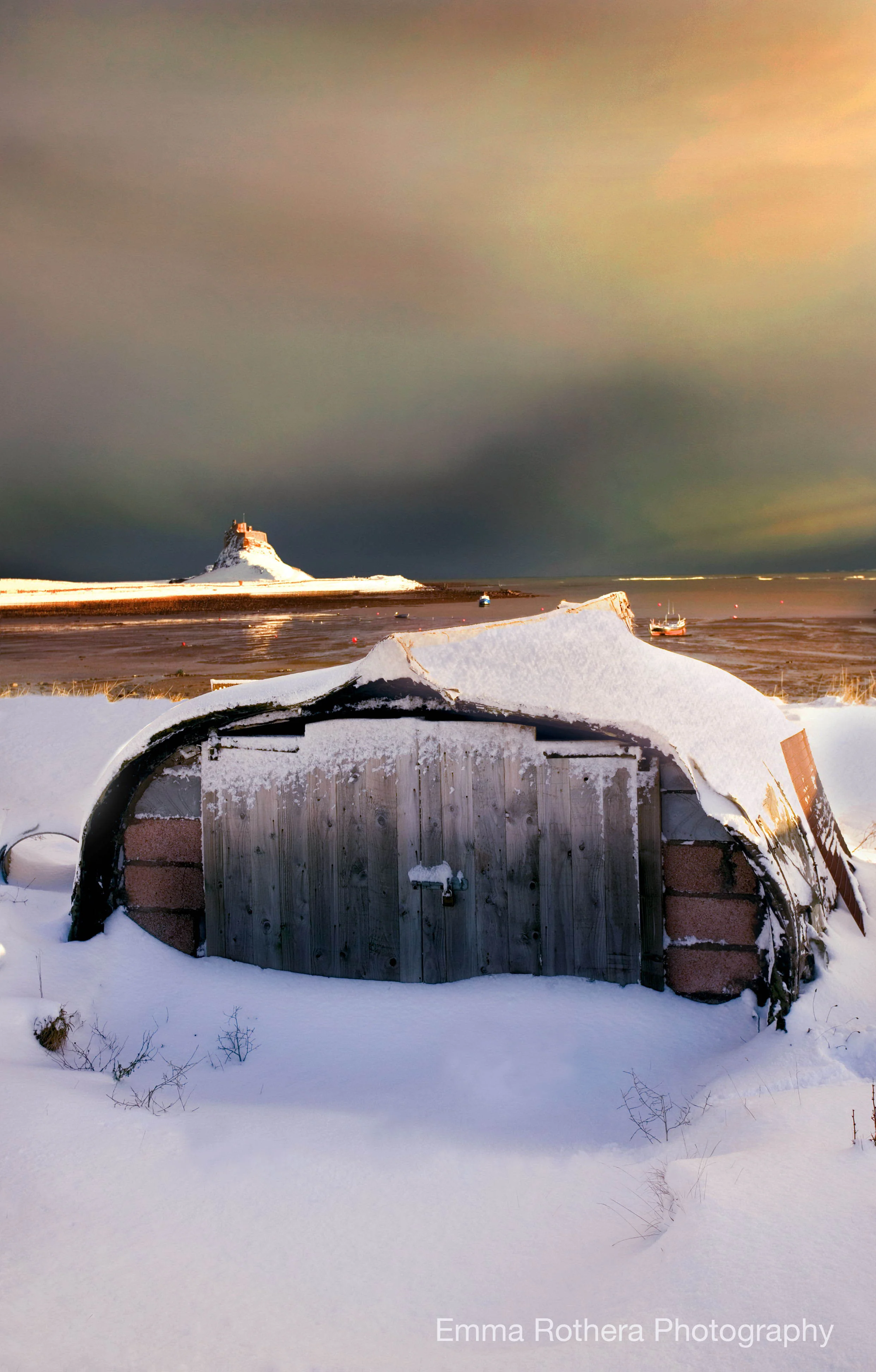 Lindisfarne Castle & Upturned Boat in the Snow, Holy Island, Northumberland