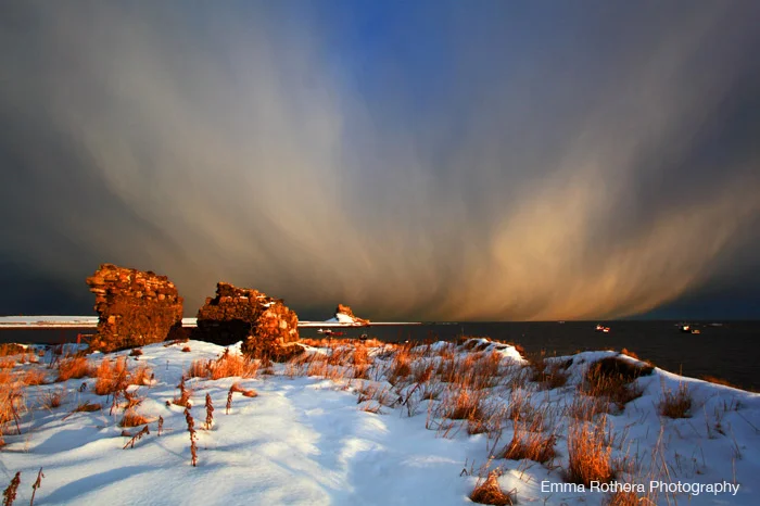 Lindisfarne Castle Harbour Golden Hour Snow, Holy Island, Northumberland