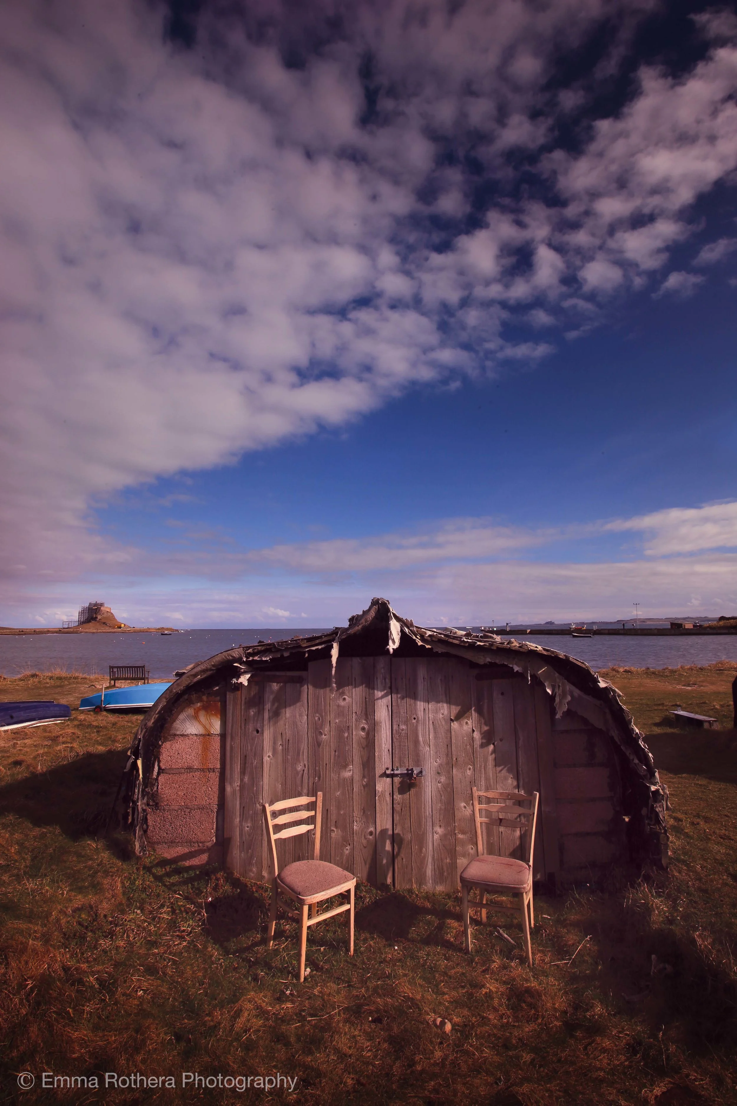 Holy Island Upturned Boat, Spring Deck Chairs, Lindisfarne Castle View