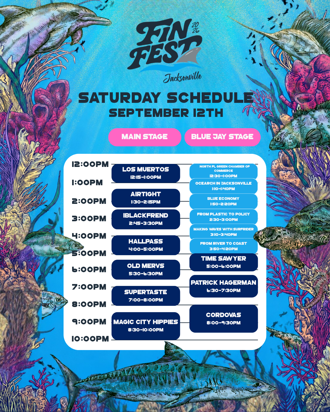 Festival schedule poster with underwater theme, featuring colorful illustrations of sea creatures, including fish and coral, for Fin Fest 2026 in Jacksonville. It lists performances from 12 PM to 10 PM with event names and times.