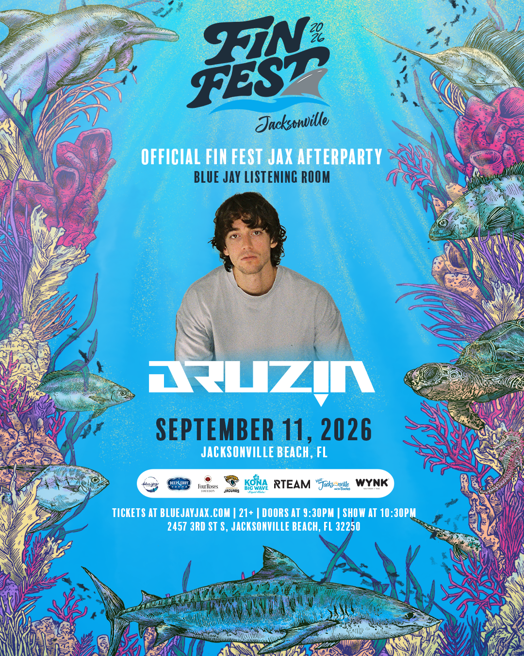 Concert poster for Fin Fest 2026 featuring artist Druzin, scheduled for September 11, 2026, at Jacksonville Beach, FL, with event details and sponsor logos.