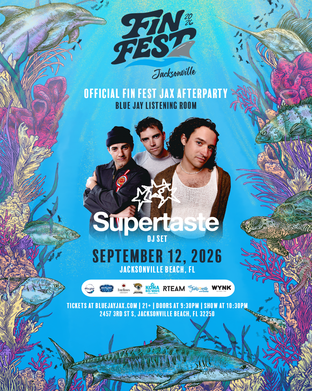 Concert poster for Supertaste DJ set at Fin Fest Jacksonville on September 12, 2026, with an underwater scene featuring colorful fish, coral, and sea turtles surrounding the event details and an image of the band members.