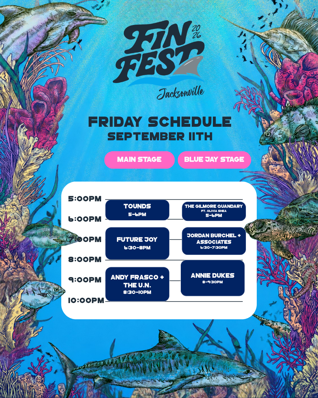 Event poster for Fin Fest 2023 in Jacksonville, featuring a colorful underwater scene with coral, fish, and sharks. The schedule includes performances by Tounds, The Gilmore Quandary, Future Joy, Jordan Burchel + Associates, Andy Frasco + The U.N., and Annie Dukes.