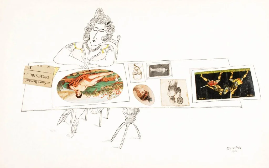 ink, colored pencil, collage