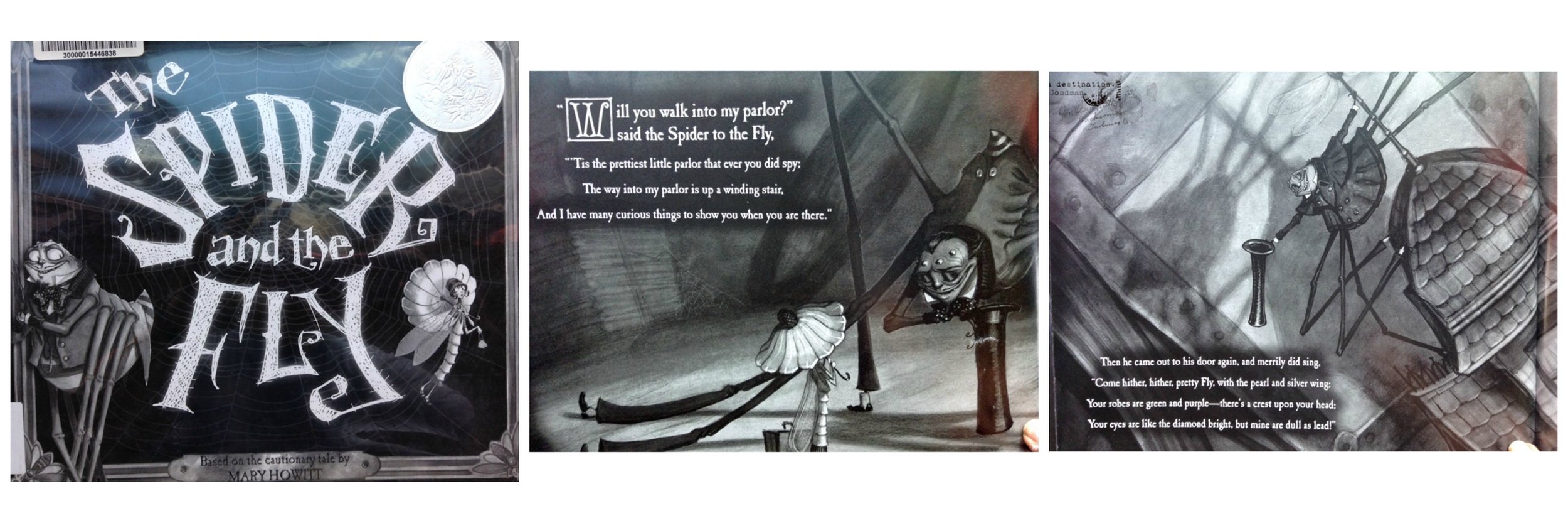 The Spider and the Fly , Tony DiuTerlizzi, illustrator. We saw his work on exhibit at the Norman Rockwell Museum and the black-and-white exquisitely-drawn images inspire me. 