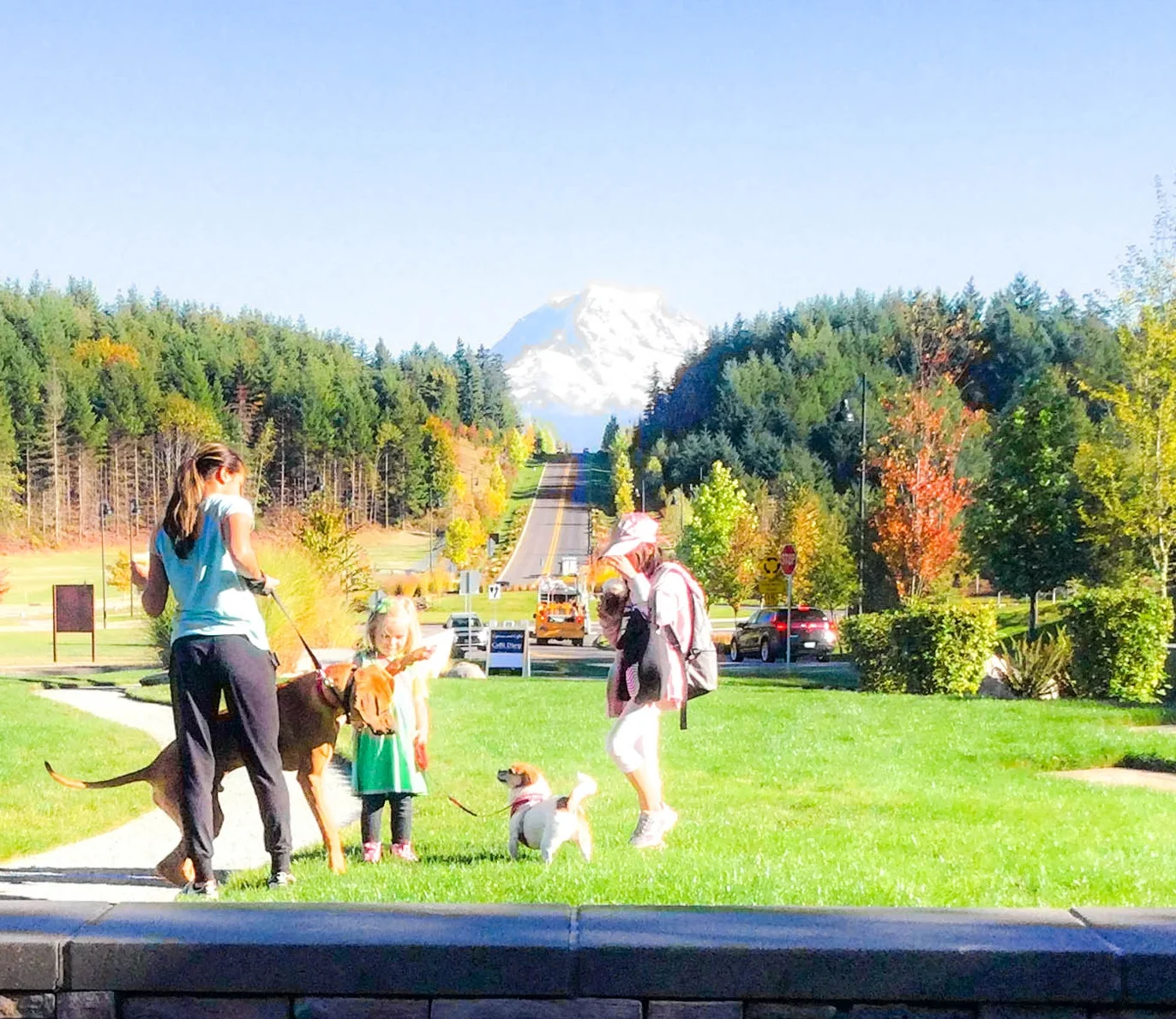 Big pooch, little pooch, big kid, little kid. Big mountain.