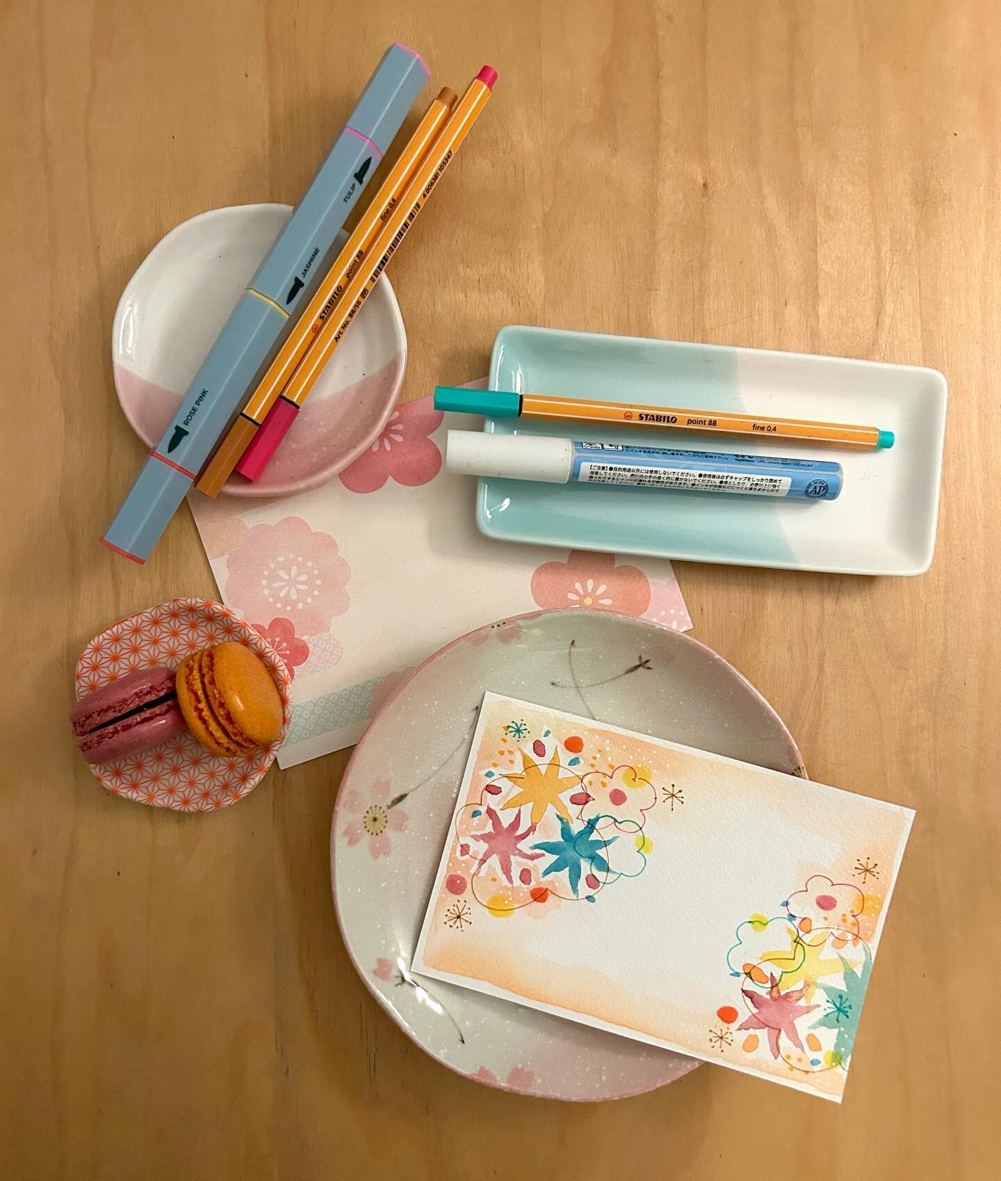 I put these little macarons on a tiny plate then realized (with much delight!) they matched the painting I just did (to go with the printed 💌). Love these colors. They also match the lovely spring day today! 🌸💮🌼 #spillstudioart