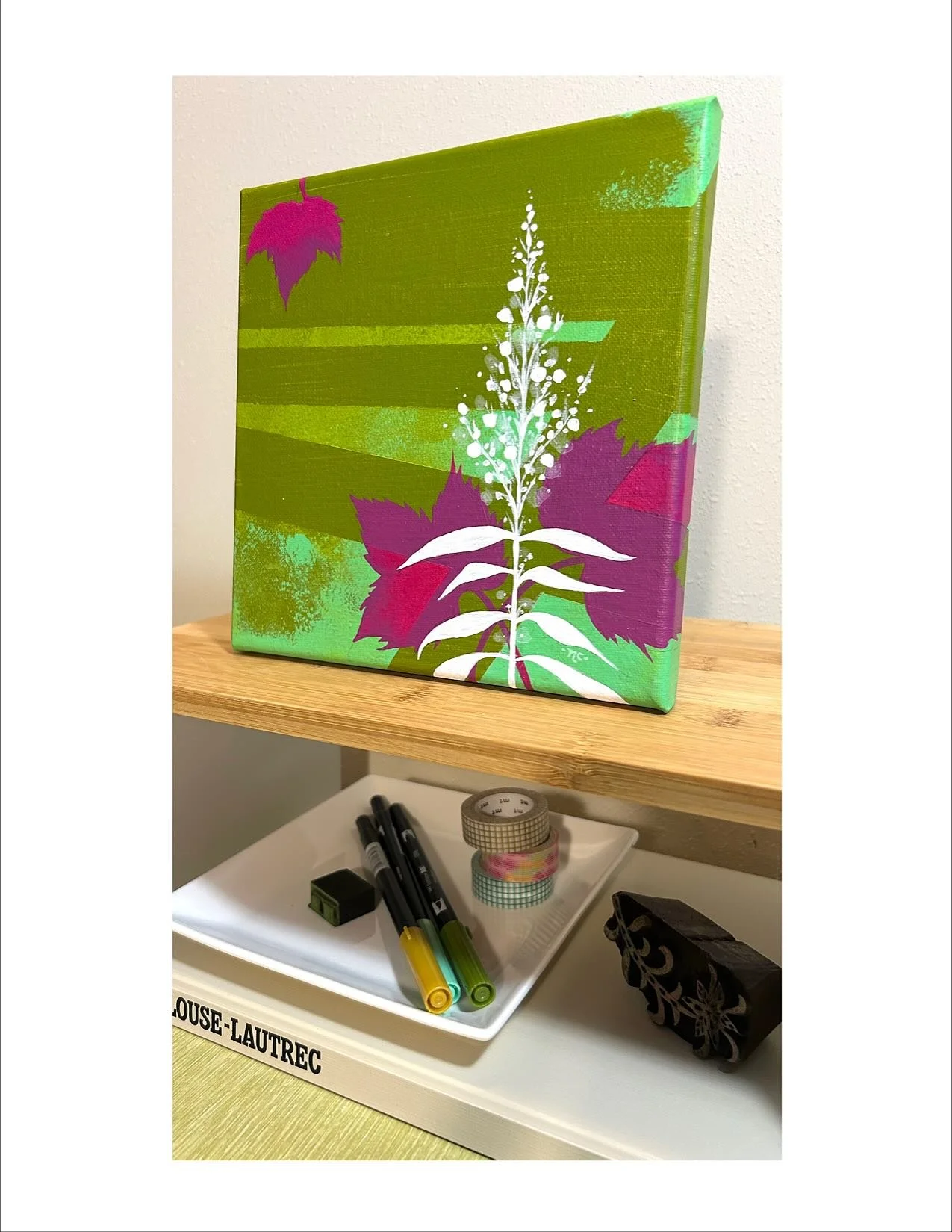 One of the new original paintings I&rsquo;ll have at the market coming up on November 30! For reference on this one, I used photos I took on the Ira Spring Mason Lake Trail in August&mdash;goldenrod with thimbleberry color and leaves. 

8&rdquo; x 8&