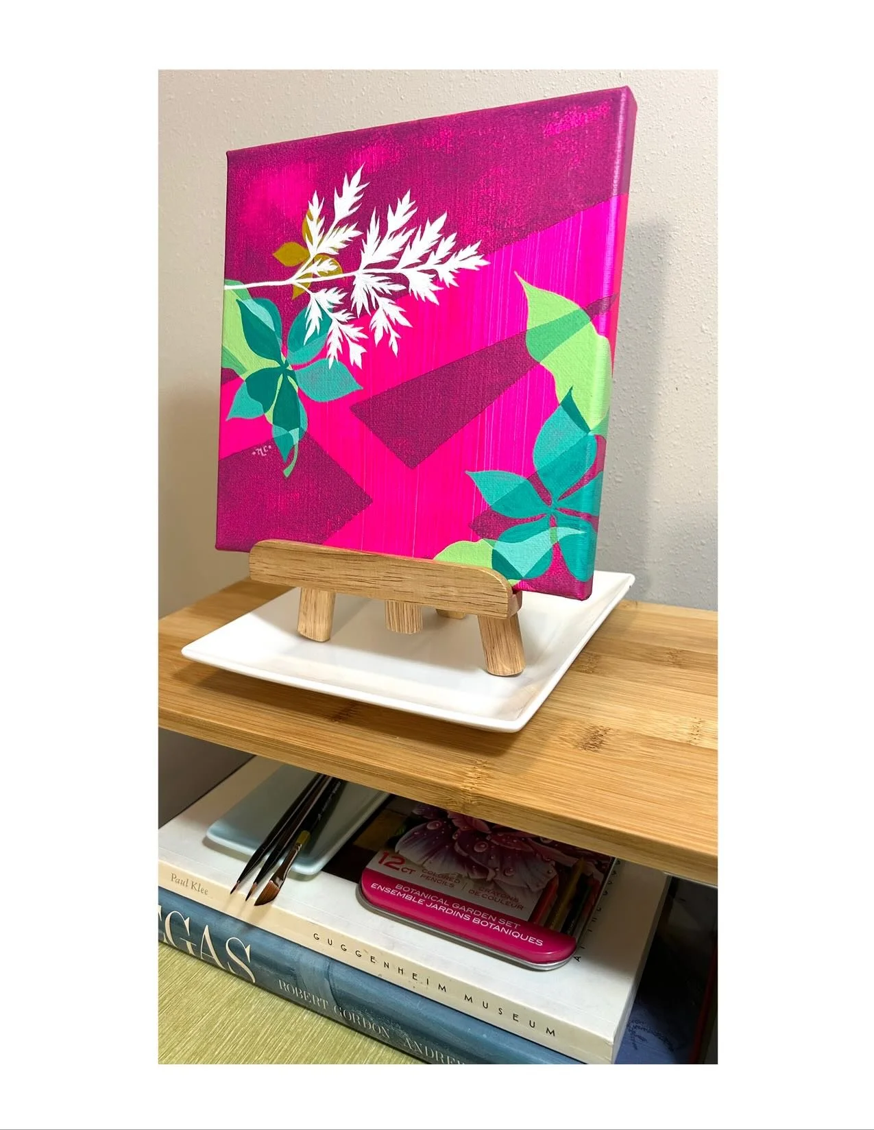 New painting&mdash;number 4 in my new #brighthikesandlightwalks series! I finally got a chance to use this neon pink and I love it! Margaret&rsquo;s Way and Debbie&rsquo;s View hike gave me the idea for this one&mdash;bleeding hearts leaves and shape