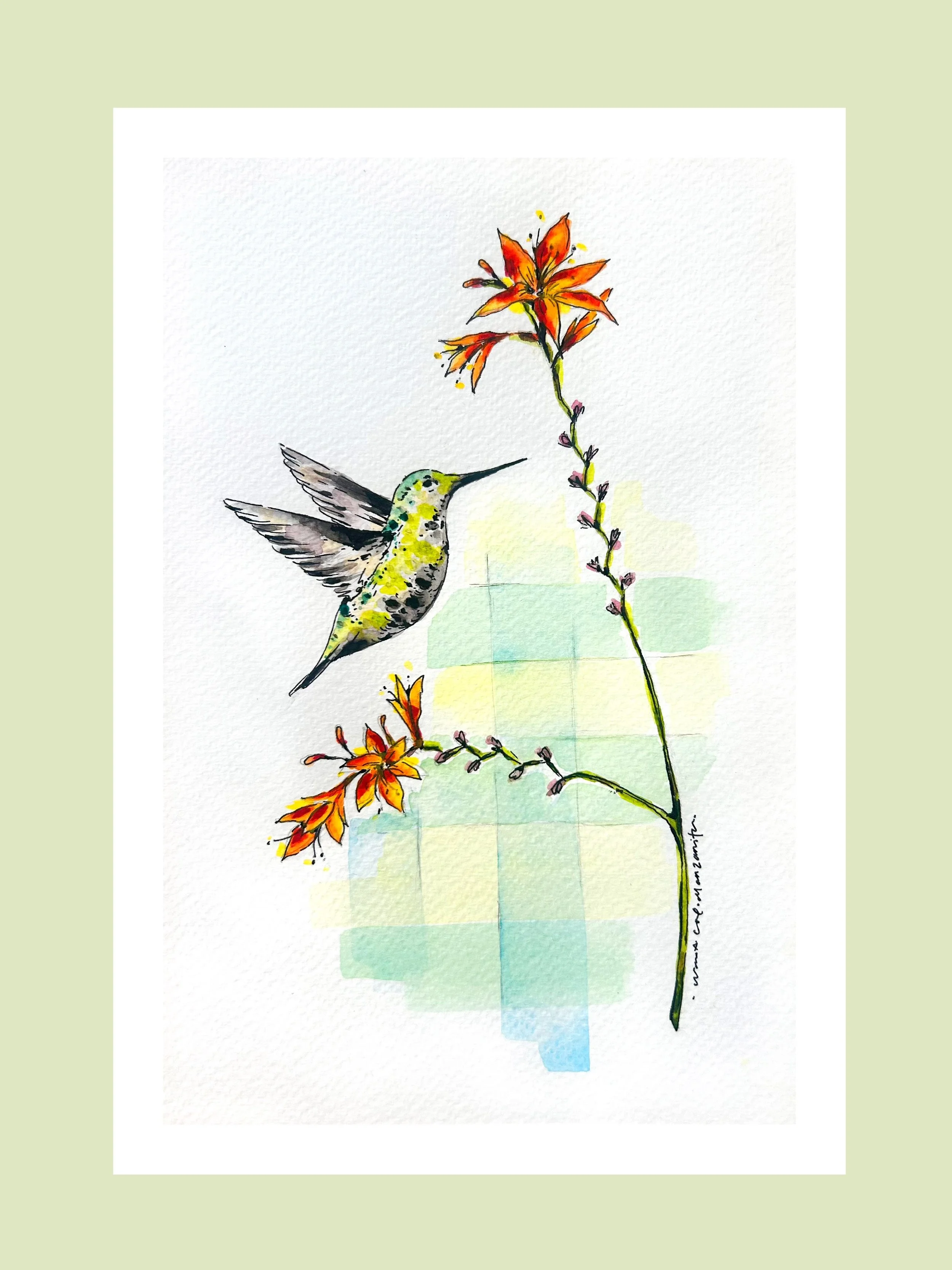 A little painting from Manzanita, Oregon. Seventh family vacation on the Oregon coast and first time being visited by a hummingbird this close! Thought of painting her the first time she came by, and the second visit confirmed I must! Too quick to ge