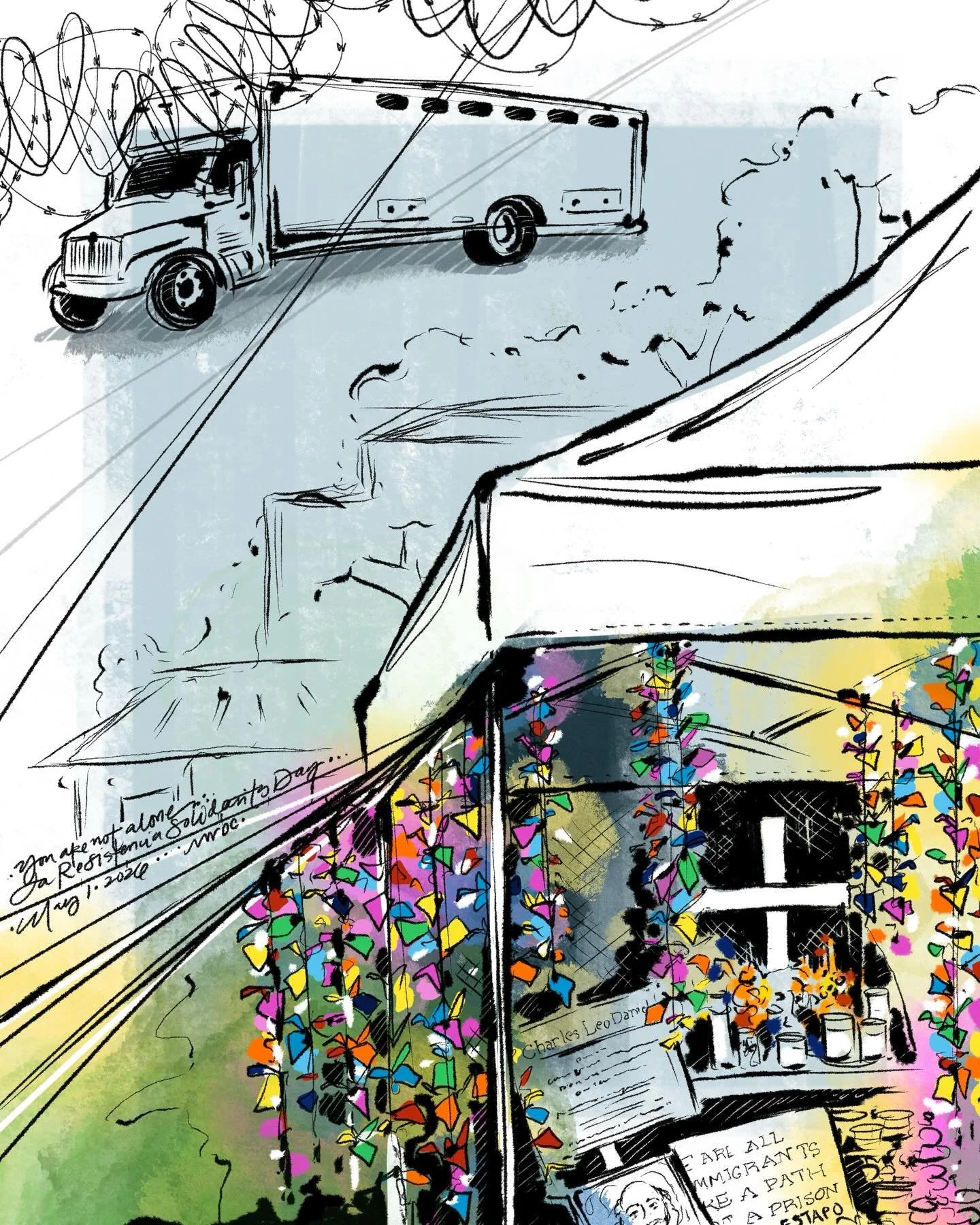 La Resistencia &amp; Urban Grace Church Solidarity Day at Northwest Detention Center in Tacoma, WA on May 1.

I drew two of the things that impacted me the most. 

The small windows too high to see out of on a vehicle that looks more fitting for tran
