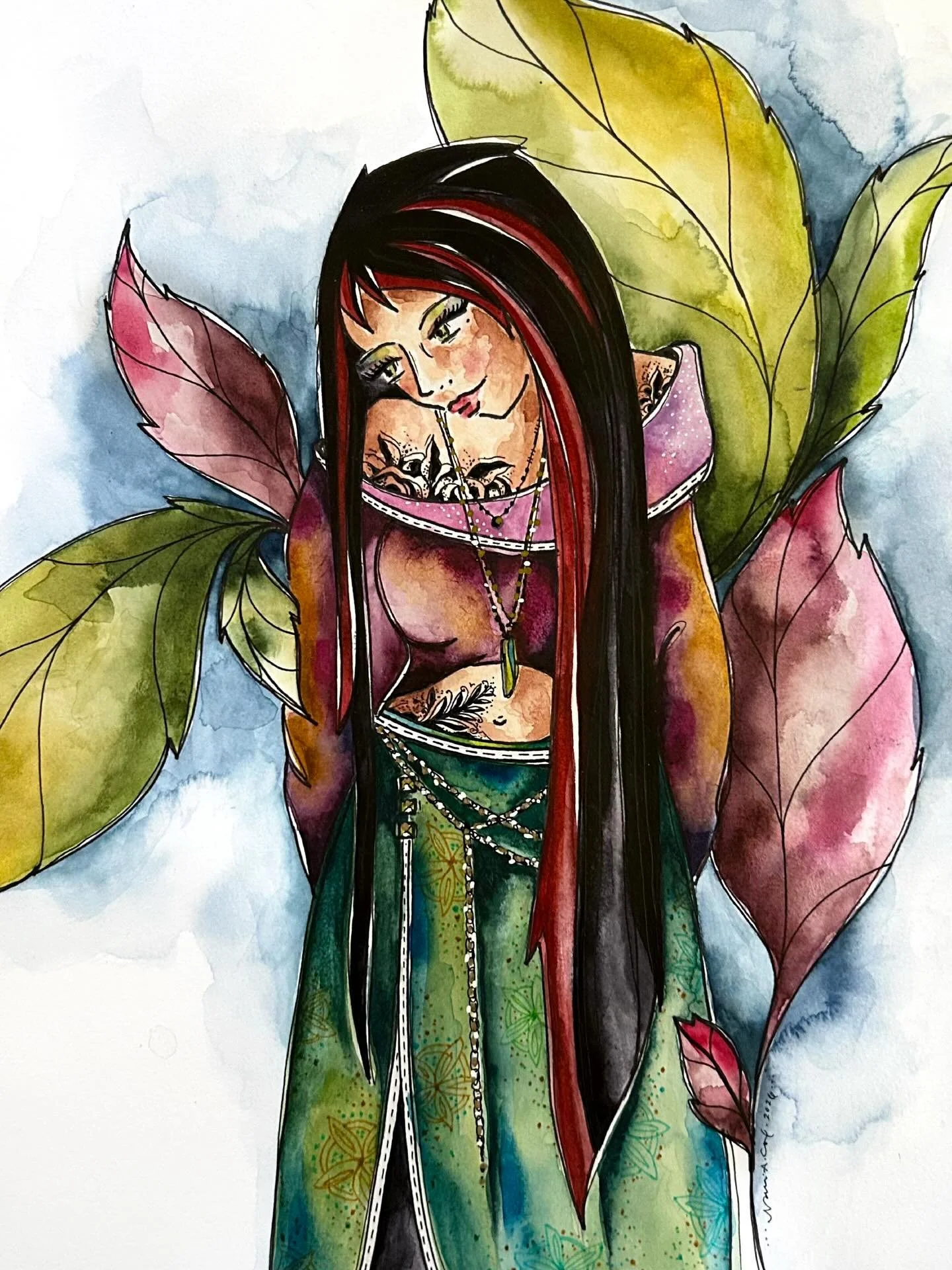 Was missing my watercolors&mdash;so did this! Pencil, then black pen, watercolor, and some final details with metallic gold, white, and colored pens. Thanks to Hannah Mae for giving me me the color palette idea! And if you&rsquo;ve known me for a whi