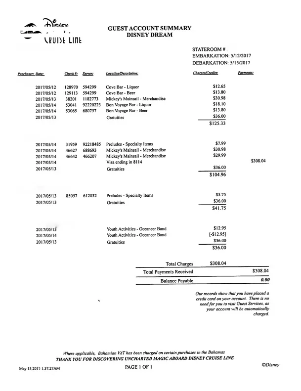 Account Summary from a 3-Night Bahamian Cruise on The Disney Dream