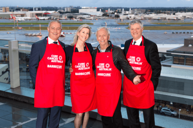 Pictured above (L-R) : Sydney Airport General Manager Retail Glyn Williams, Cure Cancer Australia CEO Floyd Larsen, Cure Cancer Ambassador Paul Hogan and Cure Cancer Chairman Philip Corne.