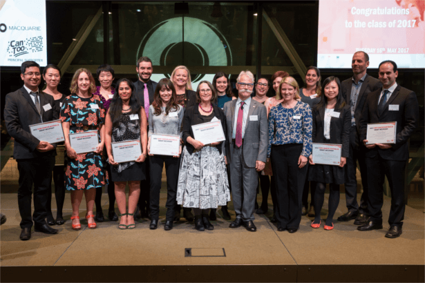 Our 2017 grant recipients with Professor Alan Mackay-Sim (2017 Australian of the year)&nbsp;at our researcher showcase in May.