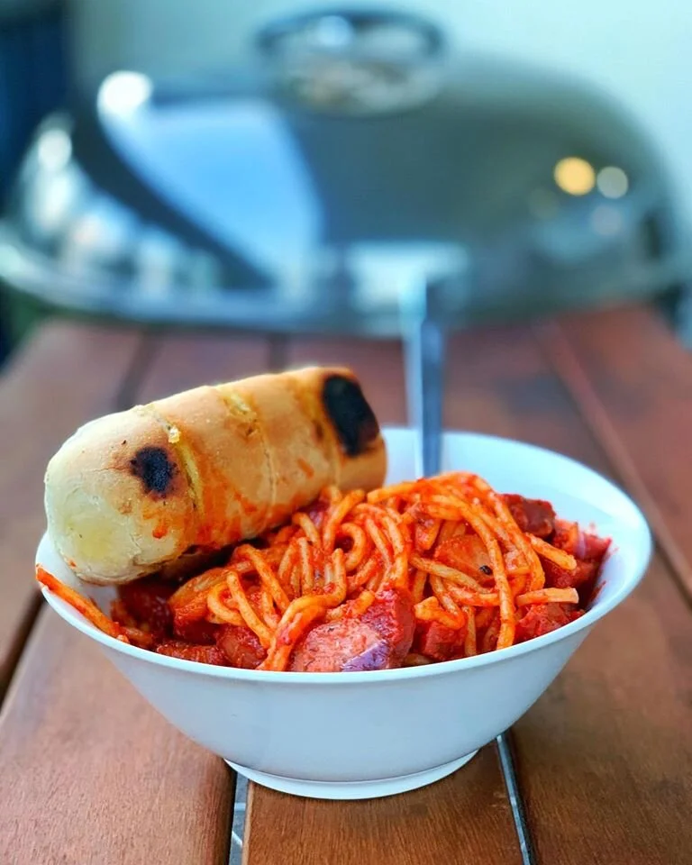 Knackwurst and Chorizo pasta by Shank Brothers BBQ