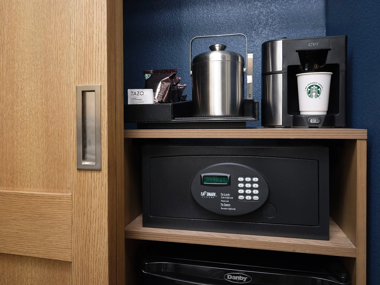 Grand Rapids Sheraton in room coffee and fridge.JPG