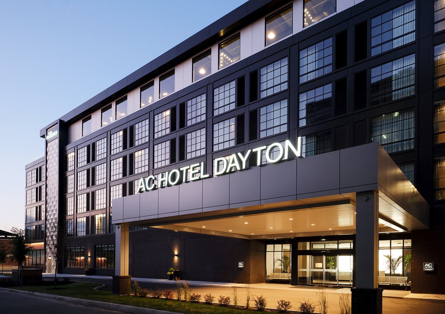 AC Hotel Dayton dusk exterior 3.JPG