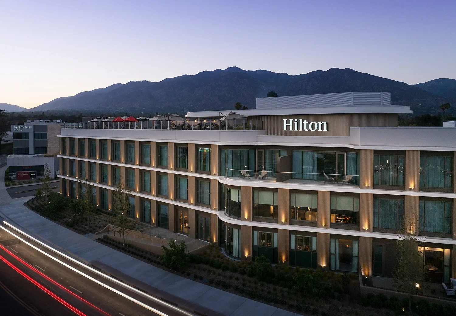 Arcadia Hillton exterior dusk.JPG