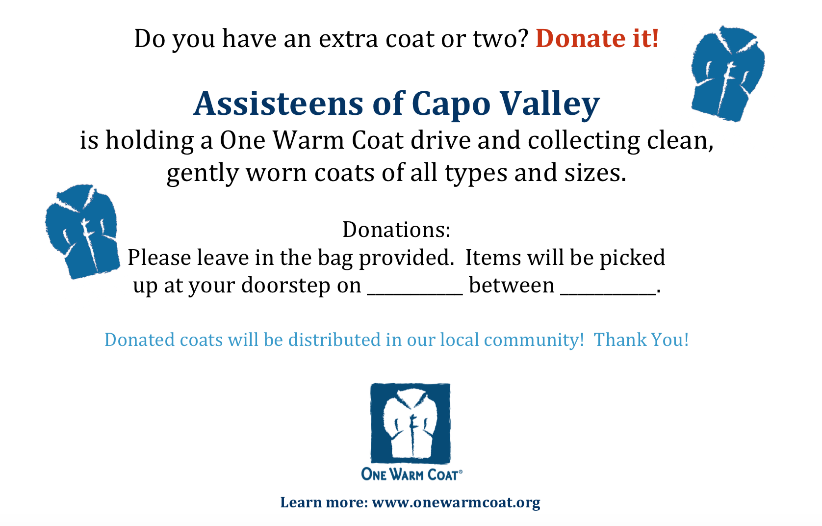 One Warm Coat Drive benefitting Mercy House