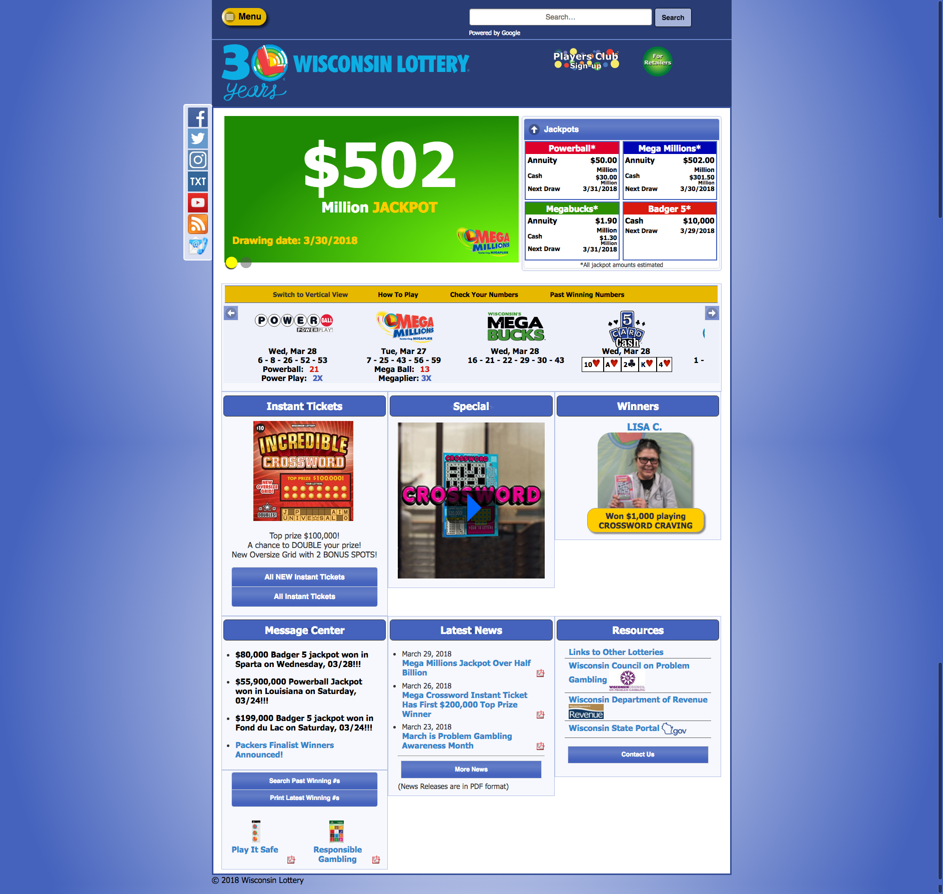 WI Lottery Homepage Old