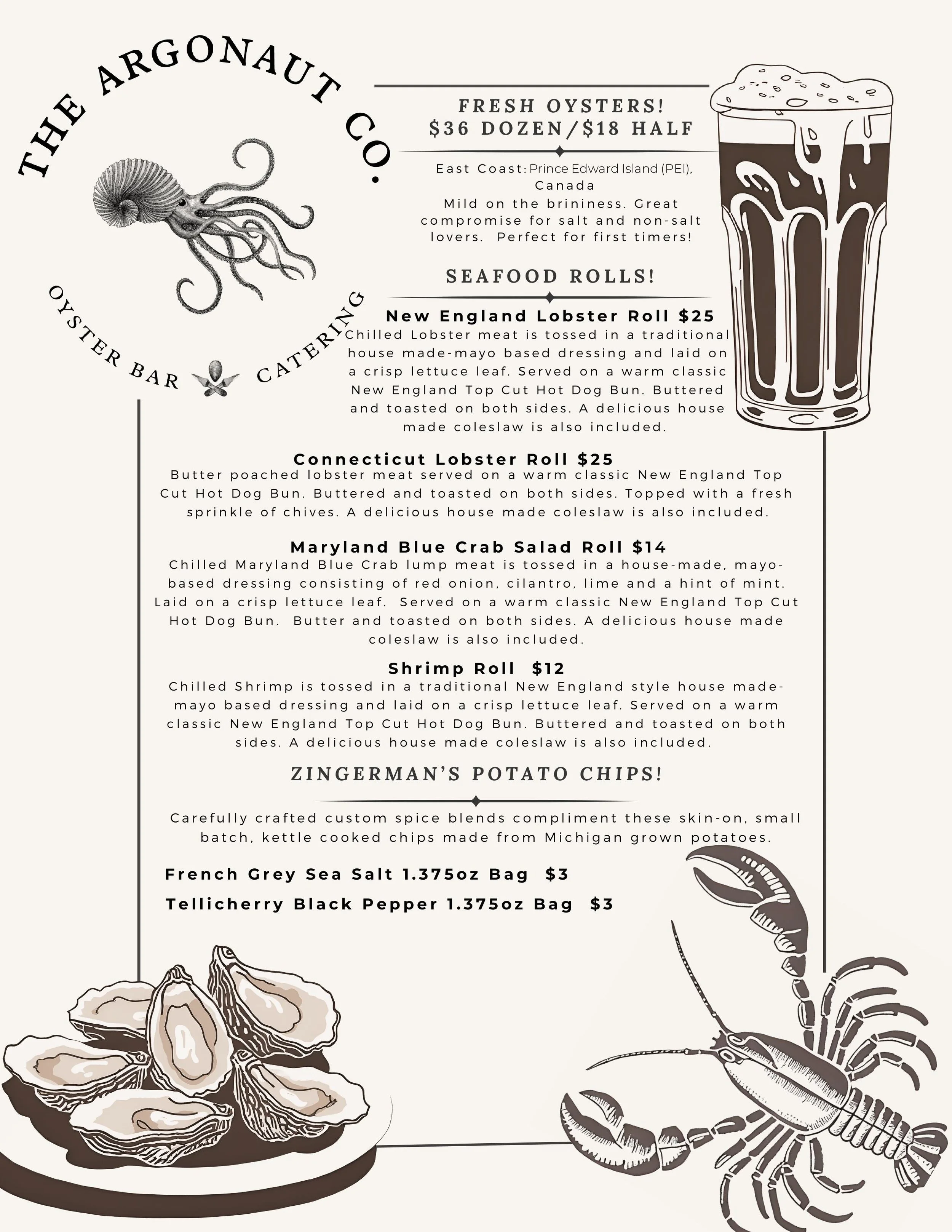 The Argonaut Oyster Bar Menu for their pop-up on 3/28 at 5pm!