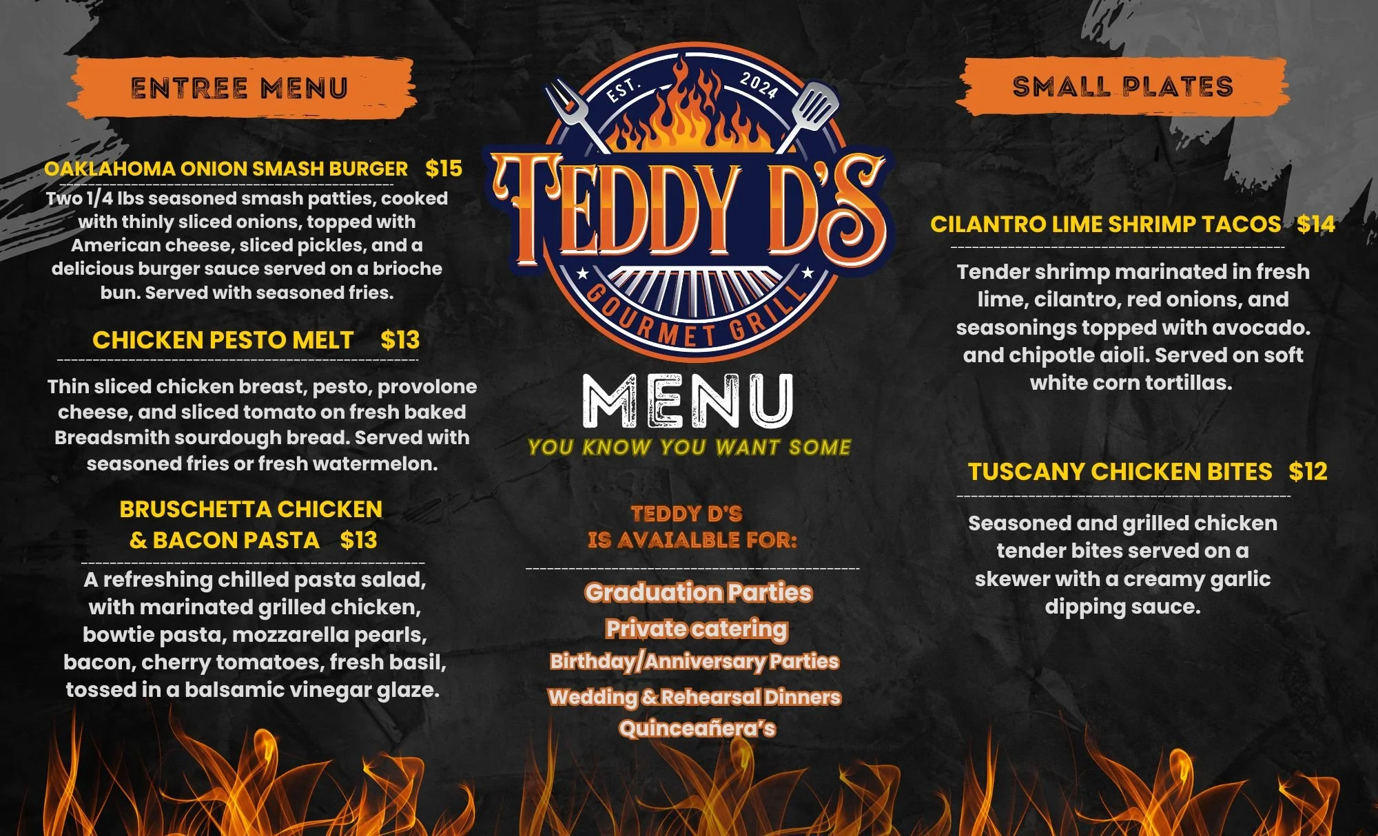 The menu for Teddy D's Gourmet Grill food truck on Wednesday, 7/8, at Riverlands Brewing!