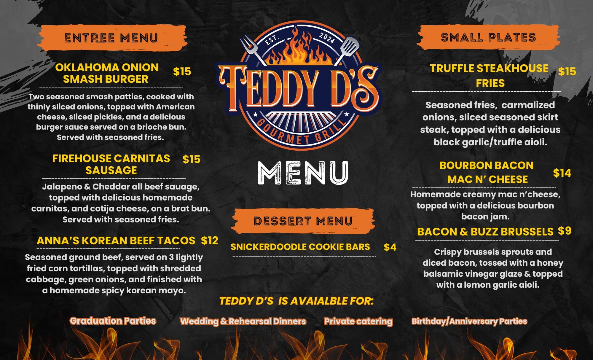Menu for Teddy D's Gourmet Grill on June 6th at noon!